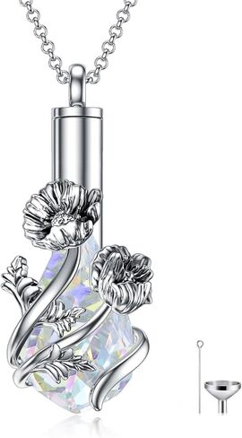 PELOVNY Birth Flower Cremation Jewelry for Ashes Sterling Silver with Teardrop/Heart Crystal Urn Necklace Memorial Keepsake Jewelry with Funnel Filler in Kuwait