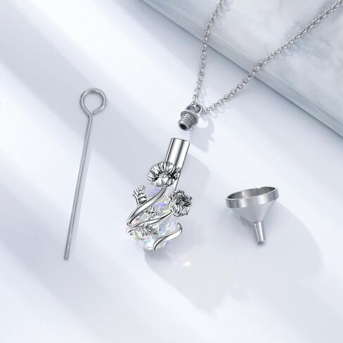 PELOVNY Birth Flower Cremation Jewelry for Ashes Sterling Silver with Teardrop/Heart Crystal Urn Necklace Memorial Keepsake Jewelry with Funnel Filler in Kuwait