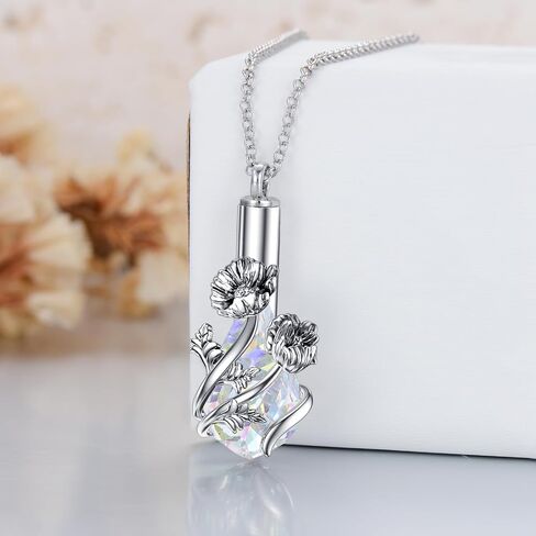 PELOVNY Birth Flower Cremation Jewelry for Ashes Sterling Silver with Teardrop/Heart Crystal Urn Necklace Memorial Keepsake Jewelry with Funnel Filler in Kuwait