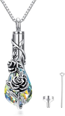 PELOVNY Birth Flower Cremation Jewelry for Ashes Sterling Silver with Teardrop/Heart Crystal Urn Necklace Memorial Keepsake Jewelry with Funnel Filler in Kuwait
