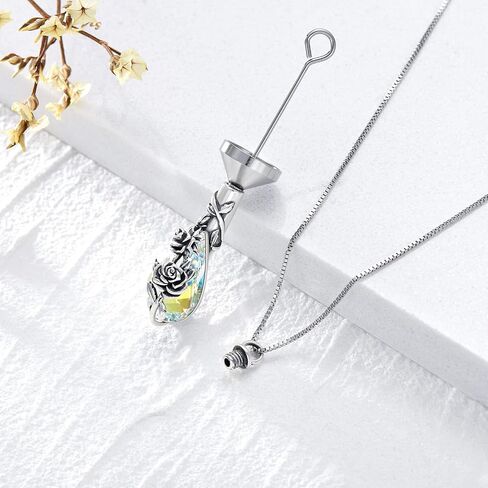 PELOVNY Birth Flower Cremation Jewelry for Ashes Sterling Silver with Teardrop/Heart Crystal Urn Necklace Memorial Keepsake Jewelry with Funnel Filler in Kuwait