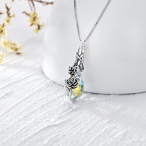 PELOVNY Birth Flower Cremation Jewelry for Ashes Sterling Silver with Teardrop/Heart Crystal Urn Necklace Memorial Keepsake Jewelry with Funnel Filler in Kuwait