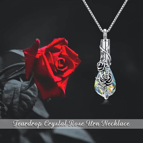 PELOVNY Birth Flower Cremation Jewelry for Ashes Sterling Silver with Teardrop/Heart Crystal Urn Necklace Memorial Keepsake Jewelry with Funnel Filler in Kuwait