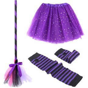 NSVJVY 3 Pcs Halloween Witch Broom Gloves Striped Tutu Skirt Set,Halloween Costume Witch Gloves,for Halloween Cosplay Favors in Kuwait