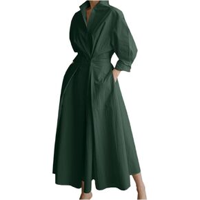 Ladyful Elegant Cotton Shirt Dress for Women A-line Long Sleeve Maxi Dress