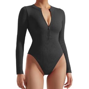 SUUKSESS Women Ribbed Seamless Bodysuit Sexy Zip up Front Long Sleeve Bodysuits Top