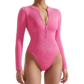 SUUKSESS Women Ribbed Seamless Bodysuit Sexy Zip up Front Long Sleeve Bodysuits Top