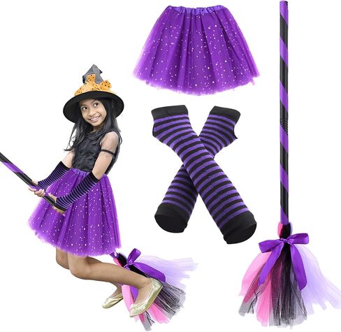 NSVJVY 3 قطع من قفازات مكنسة الساحرة للهالوين، مجموعة تنورة توتو مخططة، قفازات ساحرة لزي الهالوين، من أجل هدايا الهالوين التنكرية in Kuwait