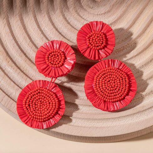 Boho Raffia Dangle Earrings Beaded - Handmade Tropical Flower Earrings for Summer Beach Vacation in Kuwait