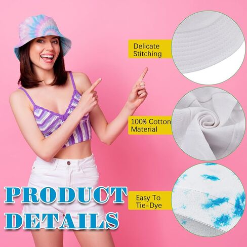 Silkfly 20 Pcs Cotton White Bucket Hat for Tie Dying Tie Dye Kit Items Things to Tie Dye Blank Cotton Packable Sun Hat with Accessories for Large Groups Party Tie Dye DIY Project in Kuwait