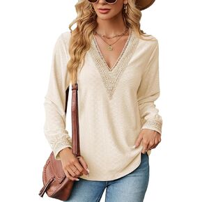 YOPLANET بلوزات نسائية غير رسمية دانتيل رقبة على شكل حرف V تي شيرت أنيق خريفي كم طويل عمل تونيك علوي فضفاض مناسب in Kuwait