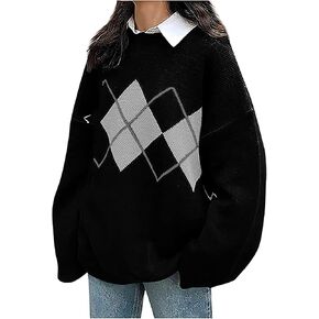 سترة نسائية كبيرة الحجم منسوجة بنمط Argyle وأكمام طويلة وفتحة رقبة دائرية وبلوفرات in Kuwait