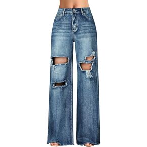 roswear Womens Stretchy High Waist Fray Hem Distressed Wide Leg Denim Jeans