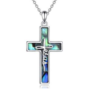 POPLYKE Abalone Cross Necklace 925 Sterling Silver Christian Jesus Faith Cross Jesus Jewelry Gifts for Women Man