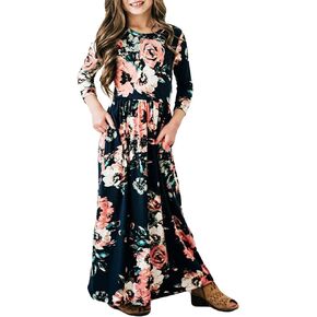 21KIDS Girls Maxi Dress Floral 3/4 Long Sleeve Dresses with Pockets for Girls 6-12 Years