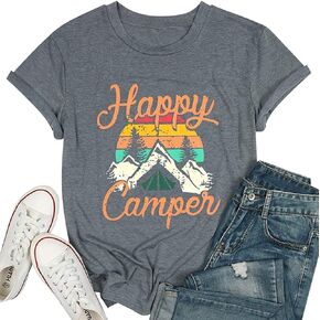قميص Happy Camper للنساء تي شيرت كاجوال برسومات مرحة وأكمام قصيرة مطبوع عليه حروف
