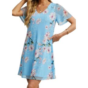 QIXING 2023 Women's Summer Casual Loose Mini Dress V-Neck Bell Short Sleeve Double Layer Shift Dress