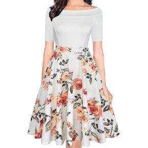 oxiuly Women's Vintage Off Shoulder Pockets Casual Floral A-Line Party Cocktail Swing Dress OX232