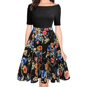 oxiuly Women's Vintage Off Shoulder Pockets Casual Floral A-Line Party Cocktail Swing Dress OX232 in Saudi Arabia