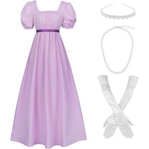 HEQU Victorian Dress for Women, Regency Dress with Satin Sash, Gloves, Pearl Necklace, Headband, Puff Sleeve, Party Ball Gown