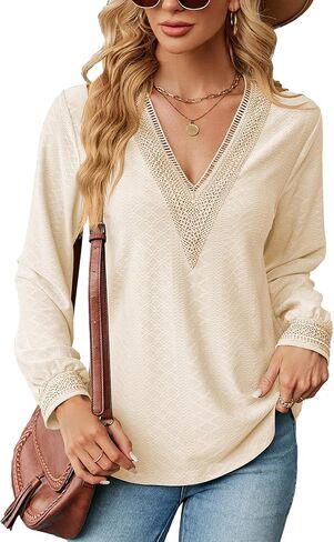 YOPLANET بلوزات نسائية غير رسمية دانتيل رقبة على شكل حرف V تي شيرت أنيق خريفي كم طويل عمل تونيك علوي فضفاض مناسب in Kuwait