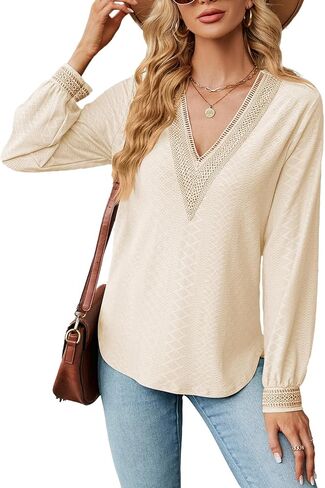 YOPLANET بلوزات نسائية غير رسمية دانتيل رقبة على شكل حرف V تي شيرت أنيق خريفي كم طويل عمل تونيك علوي فضفاض مناسب in Kuwait