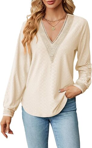 YOPLANET بلوزات نسائية غير رسمية دانتيل رقبة على شكل حرف V تي شيرت أنيق خريفي كم طويل عمل تونيك علوي فضفاض مناسب in Kuwait