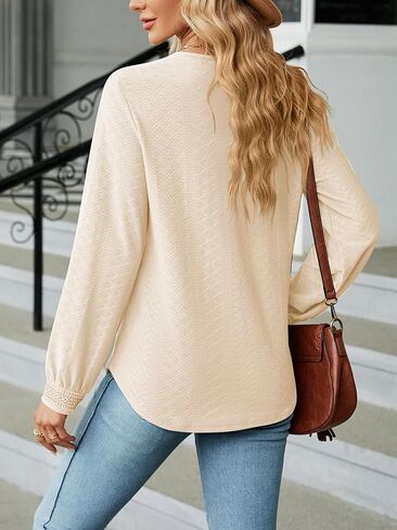 YOPLANET بلوزات نسائية غير رسمية دانتيل رقبة على شكل حرف V تي شيرت أنيق خريفي كم طويل عمل تونيك علوي فضفاض مناسب in Kuwait