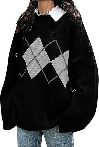 سترة نسائية كبيرة الحجم منسوجة بنمط Argyle وأكمام طويلة وفتحة رقبة دائرية وبلوفرات in Kuwait