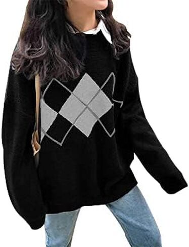 سترة نسائية كبيرة الحجم منسوجة بنمط Argyle وأكمام طويلة وفتحة رقبة دائرية وبلوفرات in Kuwait