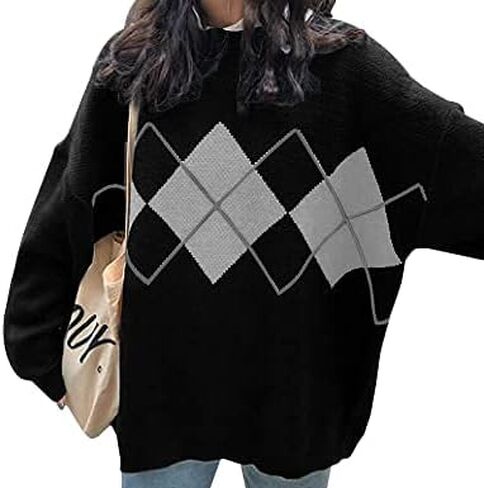 سترة نسائية كبيرة الحجم منسوجة بنمط Argyle وأكمام طويلة وفتحة رقبة دائرية وبلوفرات in Kuwait