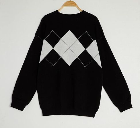 سترة نسائية كبيرة الحجم منسوجة بنمط Argyle وأكمام طويلة وفتحة رقبة دائرية وبلوفرات in Kuwait