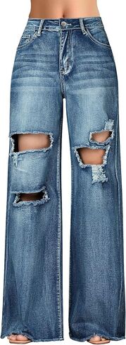 جينز نسائي من roswear ذو خصر عالٍ قابل للتمدد وحاشية واسعة من قماش الدنيم in Kuwait