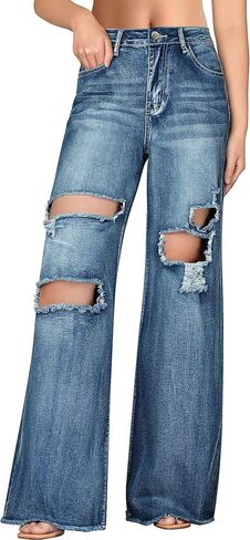 جينز نسائي من roswear ذو خصر عالٍ قابل للتمدد وحاشية واسعة من قماش الدنيم in Kuwait