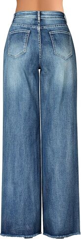 جينز نسائي من roswear ذو خصر عالٍ قابل للتمدد وحاشية واسعة من قماش الدنيم in Kuwait