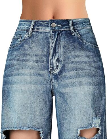 جينز نسائي من roswear ذو خصر عالٍ قابل للتمدد وحاشية واسعة من قماش الدنيم in Kuwait