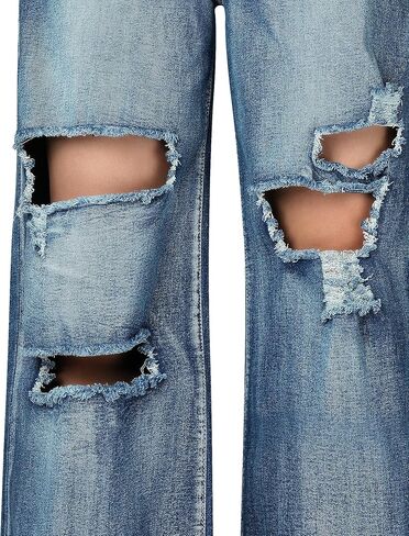 جينز نسائي من roswear ذو خصر عالٍ قابل للتمدد وحاشية واسعة من قماش الدنيم in Kuwait