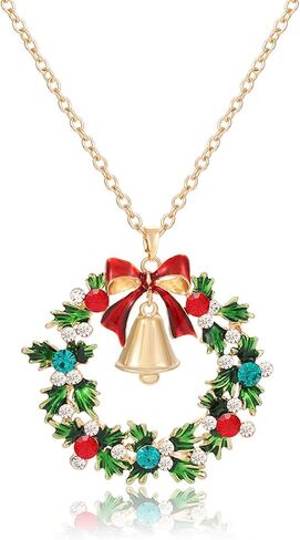 YAHPERN Christmas Necklaces For Women Glitzy Rhinestone Xmas Wreath Bell Pendant Necklace Holiday Jewelry Gift in Kuwait