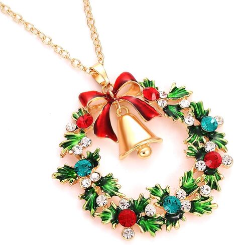 YAHPERN Christmas Necklaces For Women Glitzy Rhinestone Xmas Wreath Bell Pendant Necklace Holiday Jewelry Gift in Kuwait