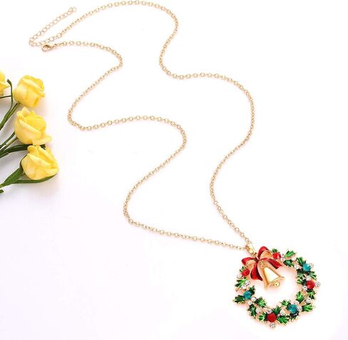 YAHPERN Christmas Necklaces For Women Glitzy Rhinestone Xmas Wreath Bell Pendant Necklace Holiday Jewelry Gift in Kuwait