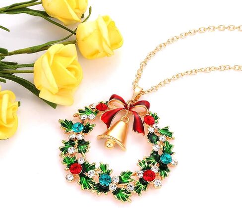 YAHPERN Christmas Necklaces For Women Glitzy Rhinestone Xmas Wreath Bell Pendant Necklace Holiday Jewelry Gift in Kuwait