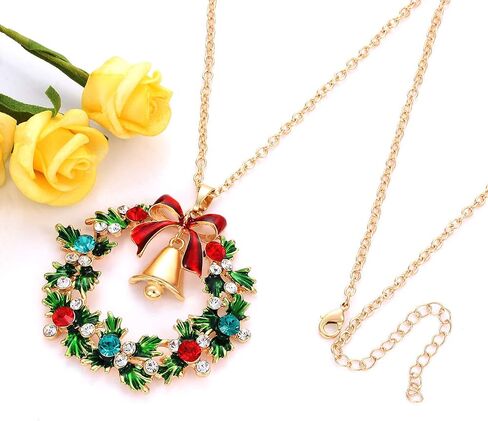 YAHPERN Christmas Necklaces For Women Glitzy Rhinestone Xmas Wreath Bell Pendant Necklace Holiday Jewelry Gift in Kuwait