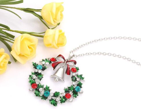 YAHPERN Christmas Necklaces For Women Glitzy Rhinestone Xmas Wreath Bell Pendant Necklace Holiday Jewelry Gift in Kuwait