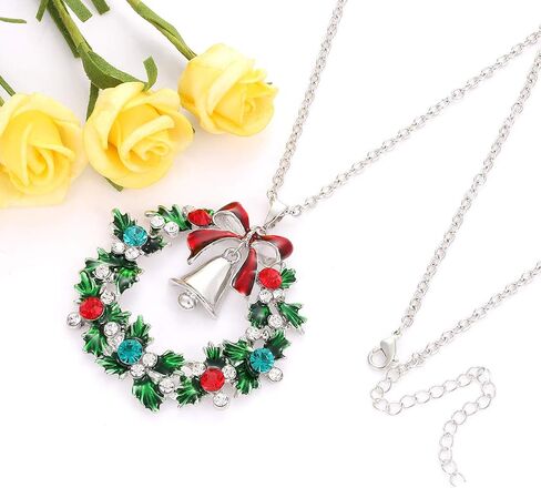 YAHPERN Christmas Necklaces For Women Glitzy Rhinestone Xmas Wreath Bell Pendant Necklace Holiday Jewelry Gift in Kuwait