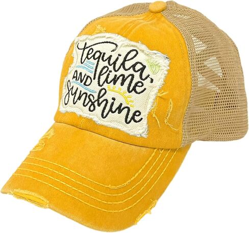 C.C Ponytail Criss Cross Messy Buns Ponycaps Baseball Cap Dad Trucker Mesh Hat (Distressed Patch Tequila Lime Sunshine Yellow) in Saudi Arabia