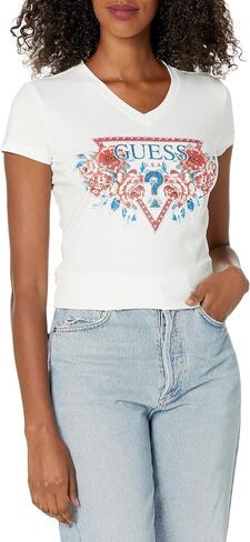 GUESS Women's Short Sleeve V Neck Roses Triangle Tee Shirt in Saudi Arabia