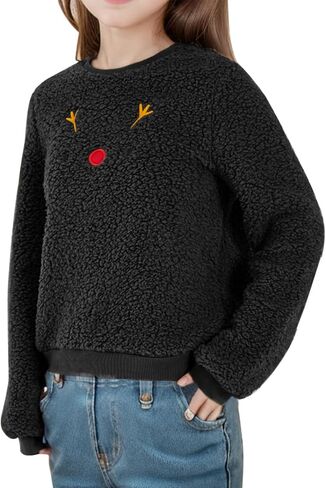 Meikulo كنزات شيربا مطبوعة على شكل حيوان الرنة للفتيات من Meikulo ملابس عيد الميلاد للأطفال برقبة دائرية من عمر 5 إلى 14 سنة in Kuwait