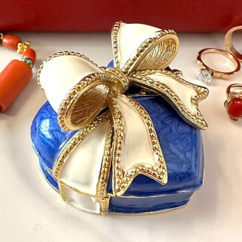 JFYSJ Love Heart Bow-knot Blue Jewelry Jewelry Box Hinged Trinket Box Bow Bling Trinket Box Miniature Figurine Ring Box in Kuwait