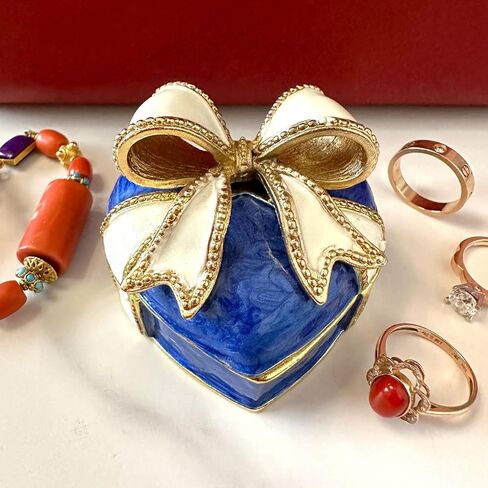JFYSJ Love Heart Bow-knot Blue Jewelry Jewelry Box Hinged Trinket Box Bow Bling Trinket Box Miniature Figurine Ring Box in Kuwait