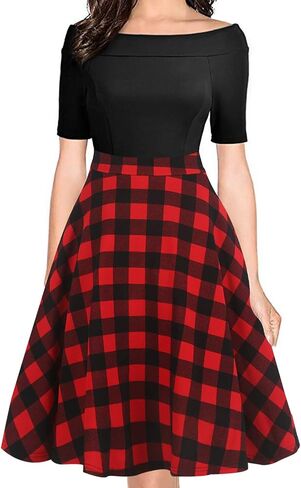 oxiuly Women's Vintage Off Shoulder Pockets Casual Floral A-Line Party Cocktail Swing Dress OX232 in Kuwait